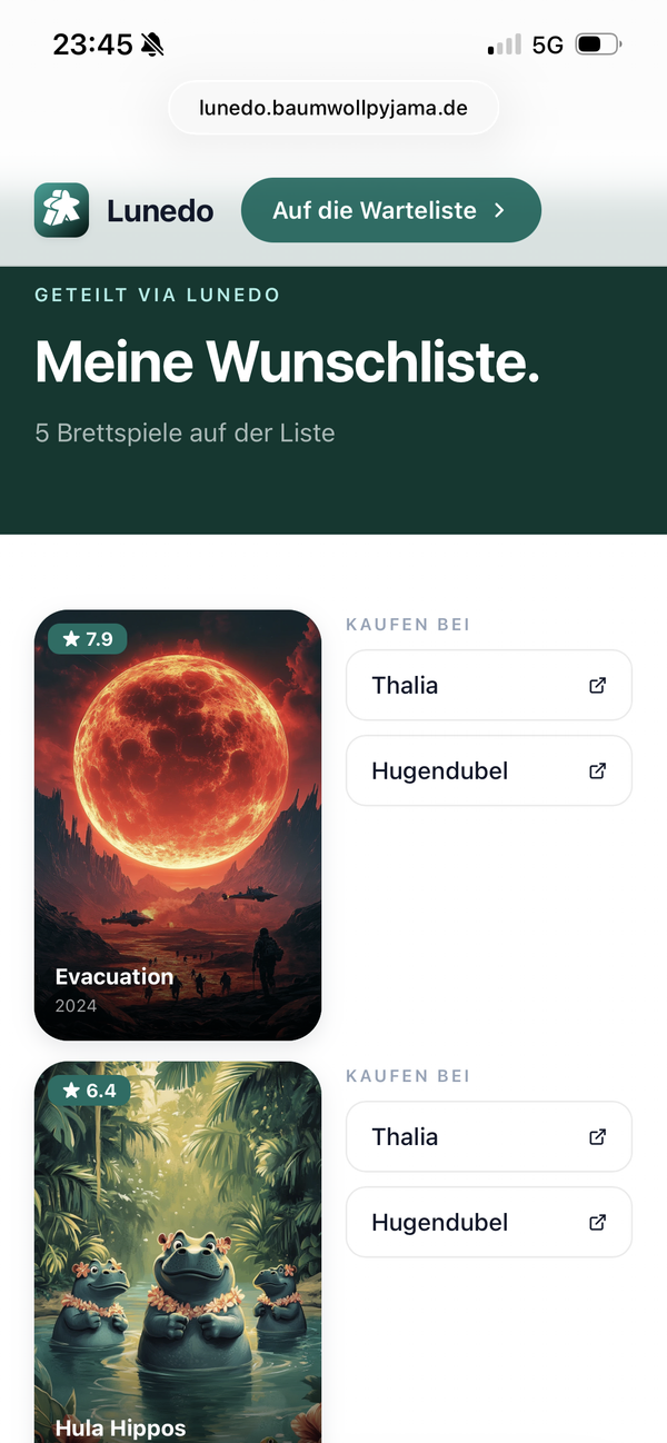 Wishlist and collection in the Lunedo app